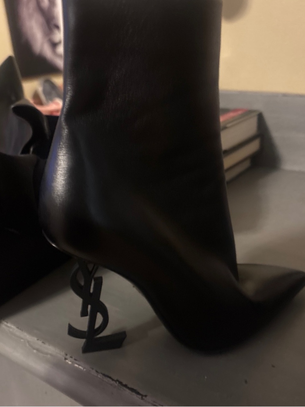 Yves Saint Laurent (YSL) Leather Ankle Boots with Logo Heel - LIKE NEW